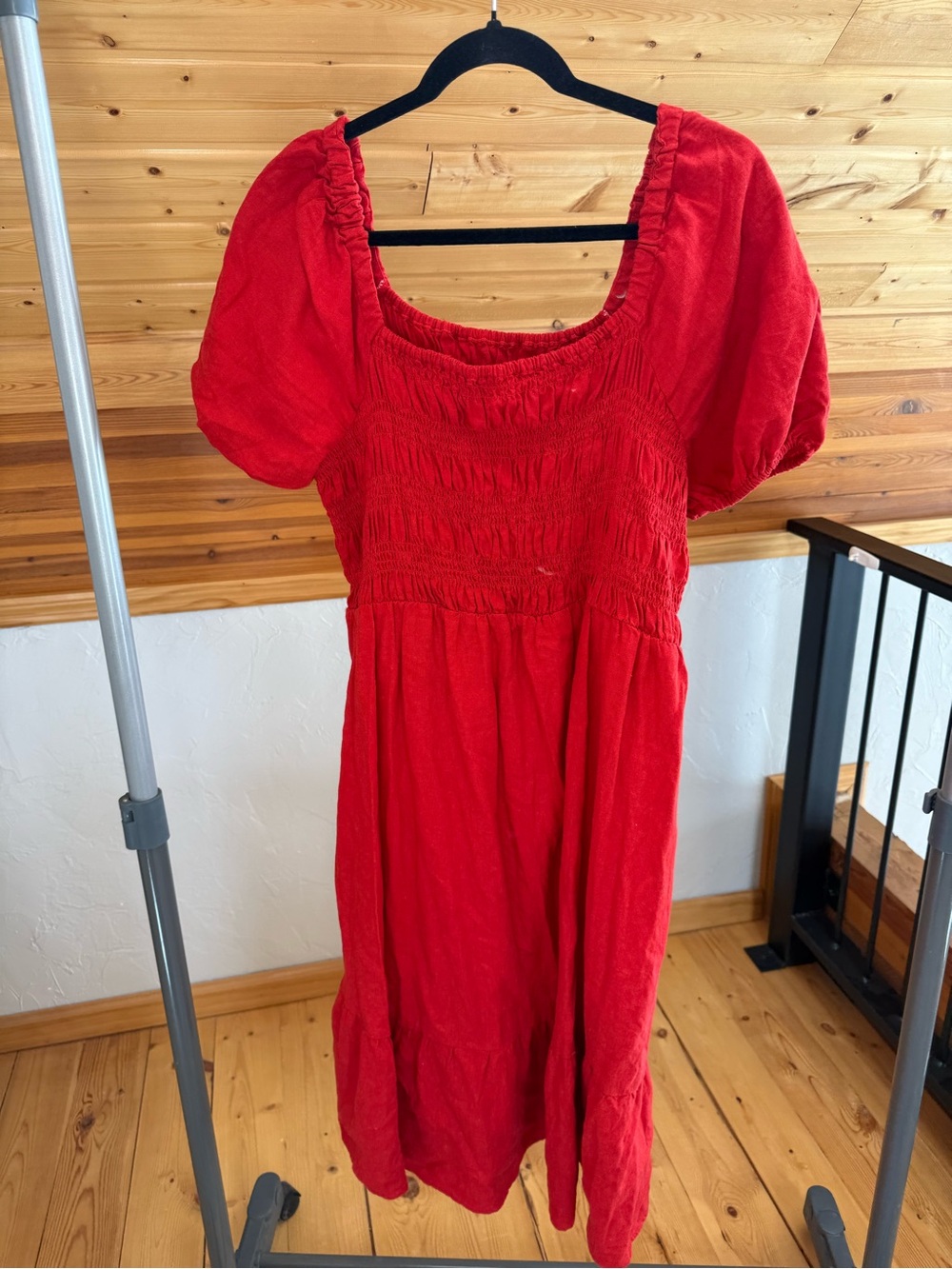 Isabel Maternity by Ingrid & Isabel Red Smocked Puff-Sleeve Midi Dress